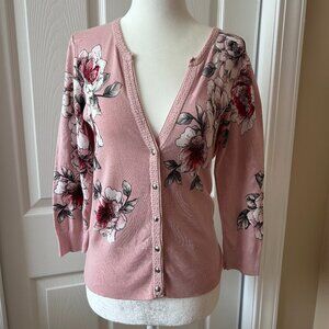 White House Black Market floral snap front V neck cardigan sweater size small